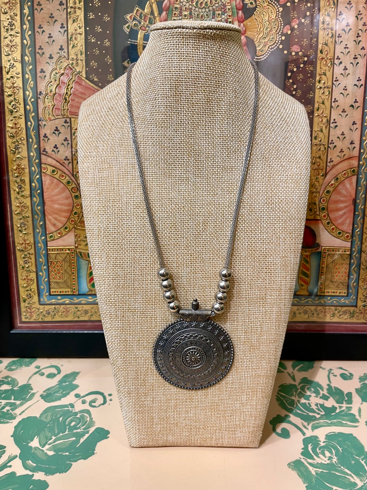 OXIDISED SILVER LONG ROUND TRIBAL PENDANT CHAIN NECKLACE