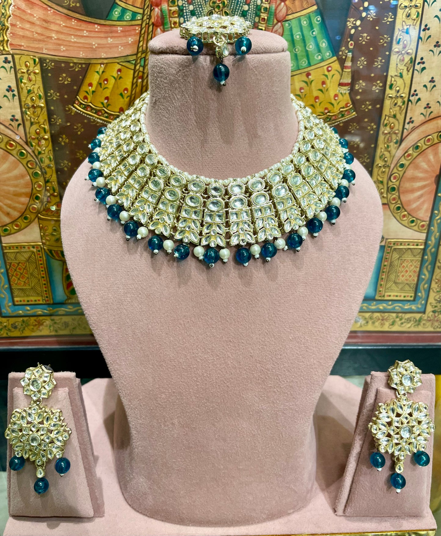 TEAL GREEN KUNDAN POLKI NECKLACE SET