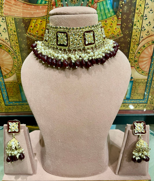 MEENAKARI MAROON CHOKER NECKLACE SET