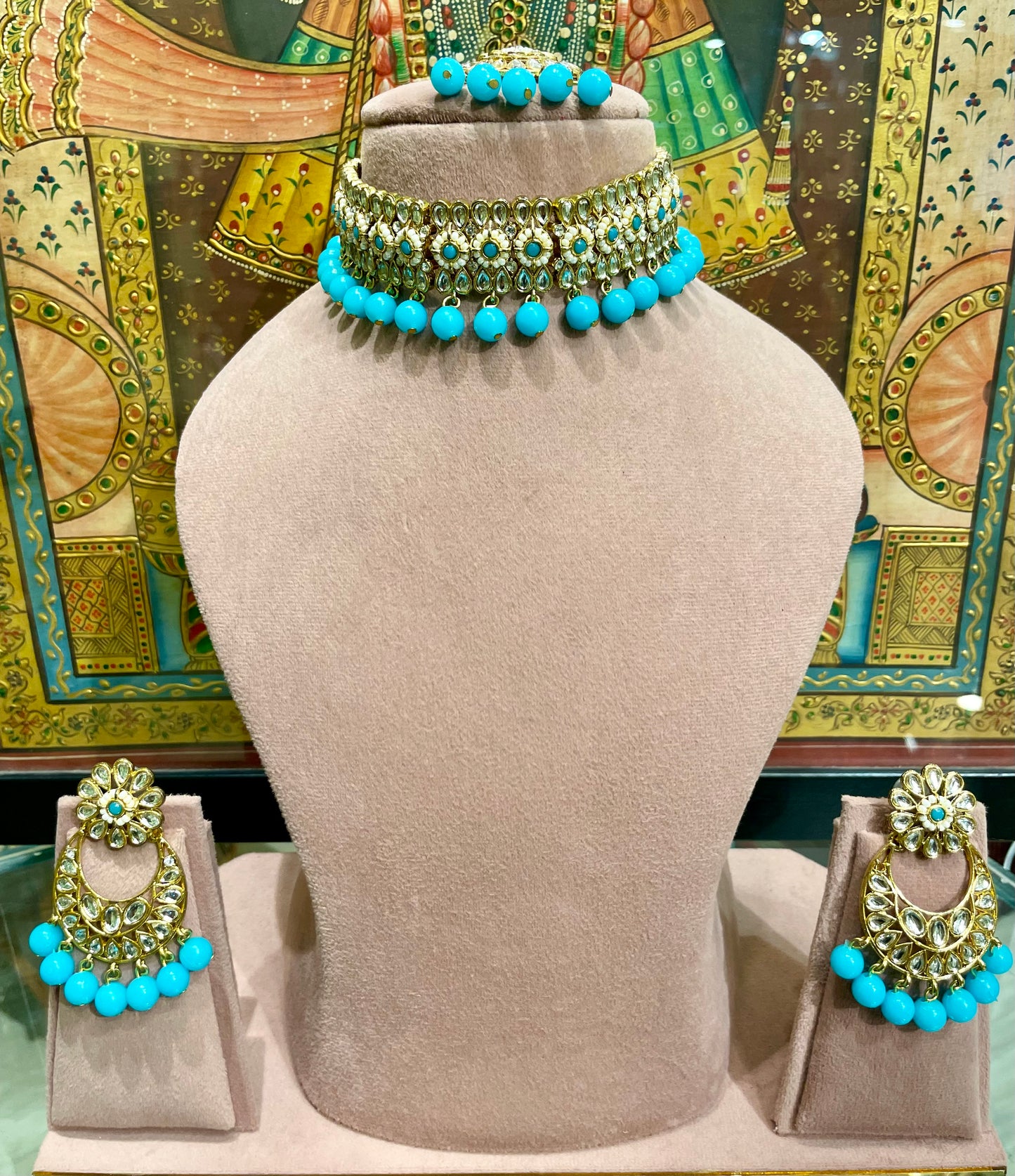 FEROZI (TURQUOISE) KUNDAN CHOKER NECKLACE SET