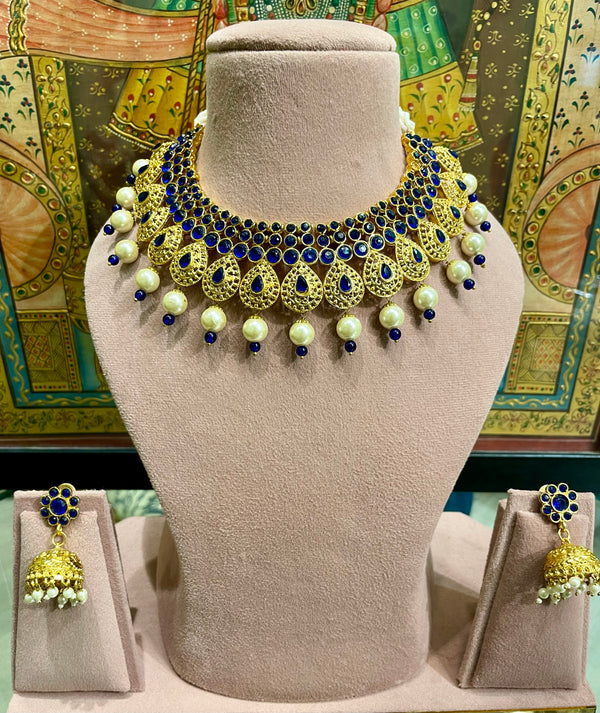 PEARL SOUTH INDIAN GOLD TONED NECKLACE SET (BLUE)
