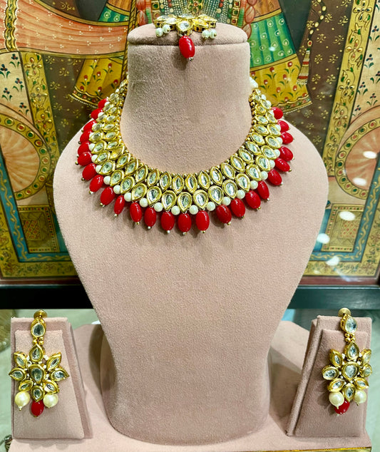 RED STONE BEADED KUNDAN NECKLACE SET