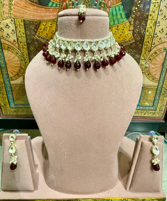 KUNDAN MAROON STONE CHOKER NECKLACE SET