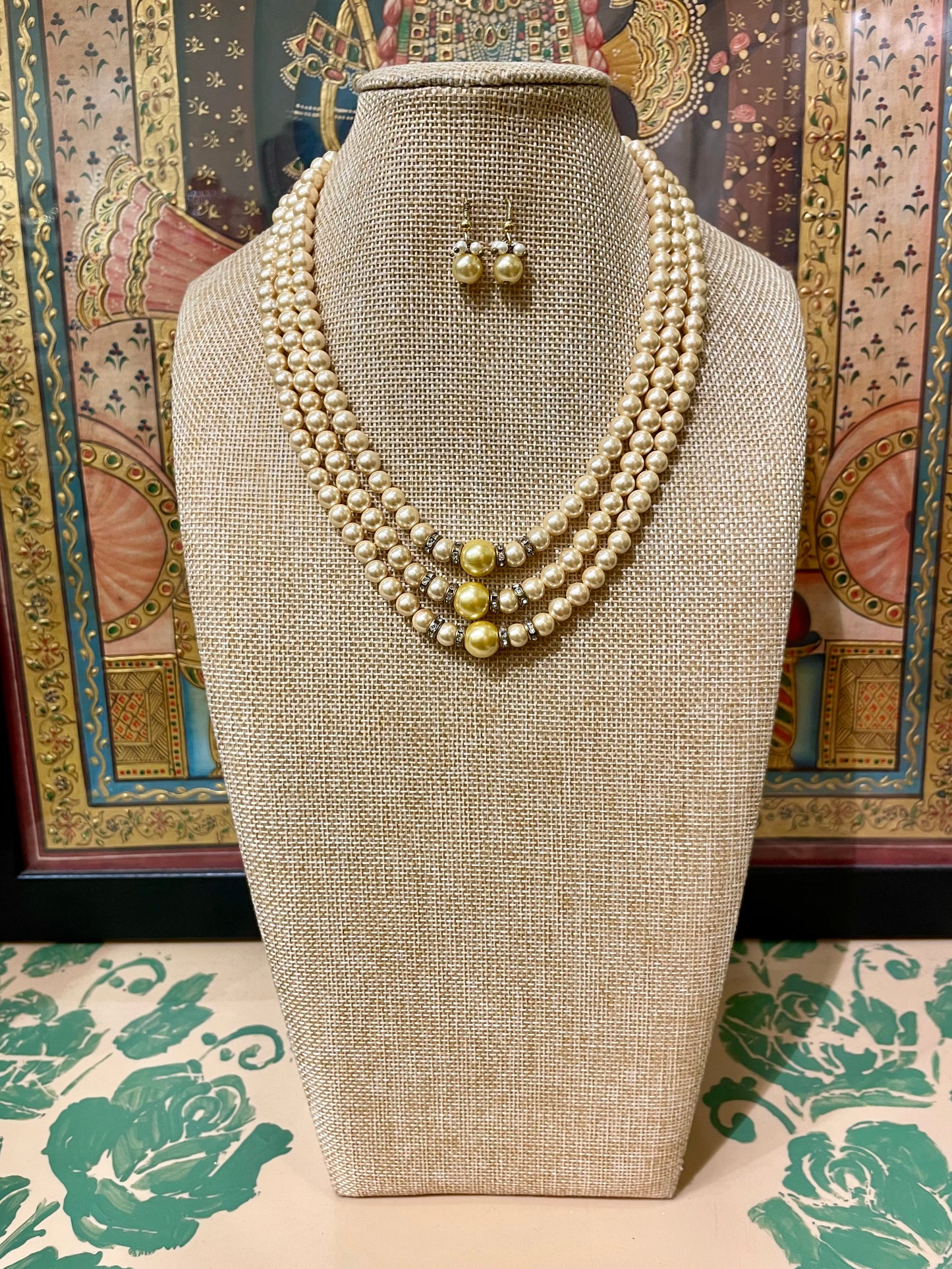 GOLDEN PEARL DESIGNER SEMI PRECIOUS TRIPLE STRING SET