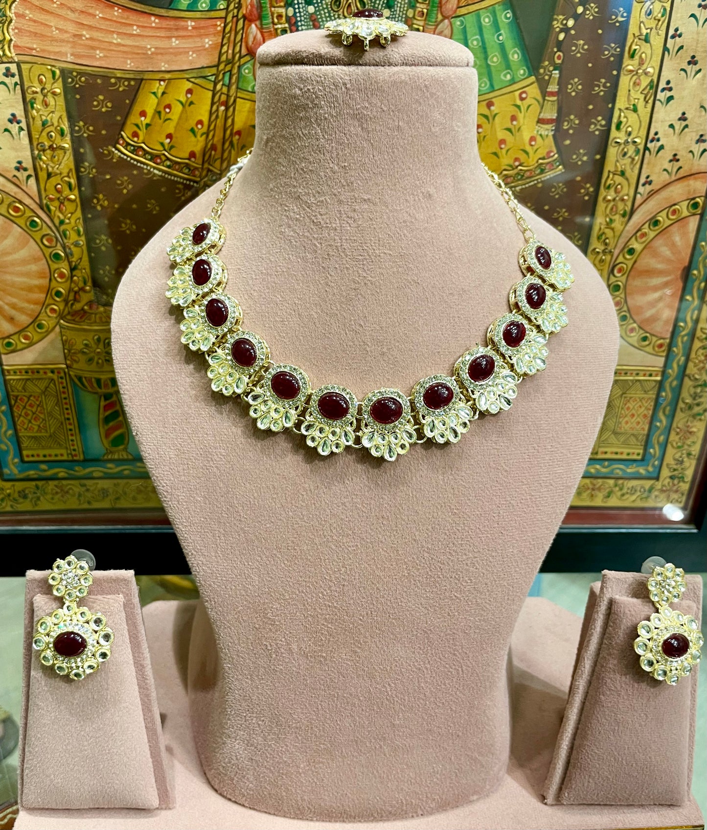 POLKI AMERICAN DIAMOND (AD) MAROON NECKLACE SET