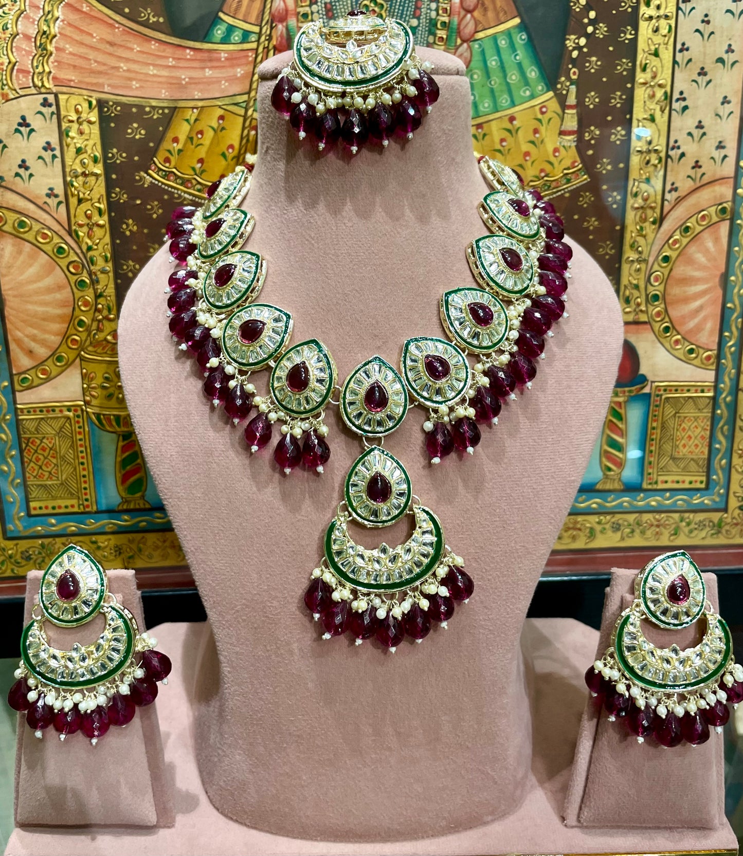 KUNDAN POLKI LONG PENDANT BRIDAL NECKLACE SET (BURGUNDY MAROON)