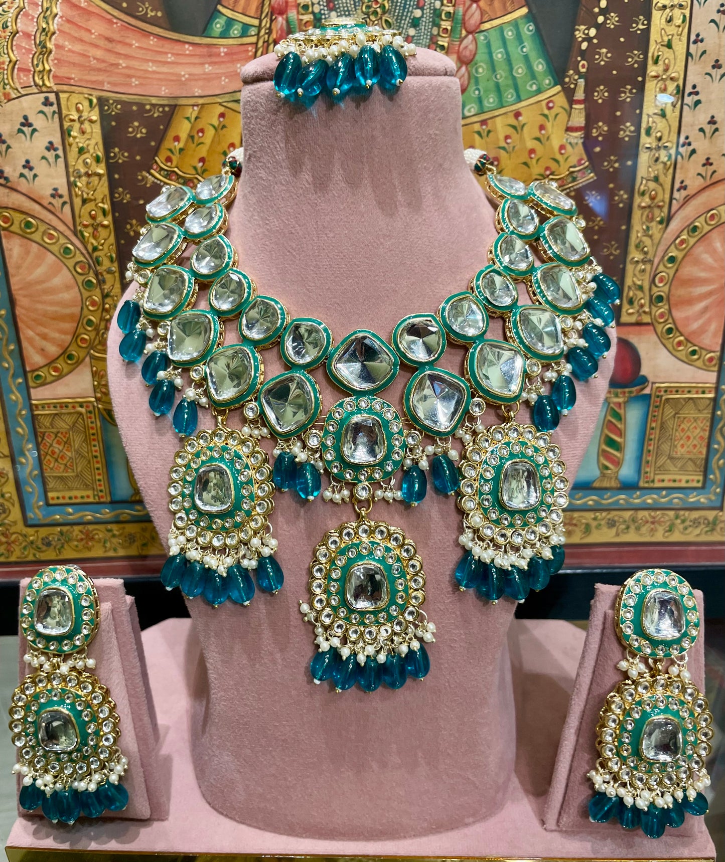 KUNDAN POLKI HEAVY DOUBLE LAYER PENDANT BRIDAL SET (TEAL GREEN)