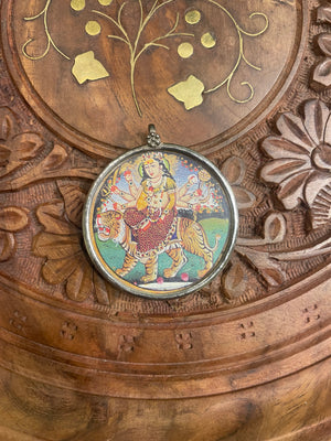 HANDPAINTED MAA DURGA SILVER PENDANT WOODEN BEADS DESIGNER STRING NECKLACE