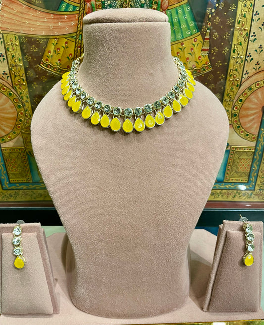 LIME YELLOW STONE AMERICAN DIAMOND (AD) NECKLACE SET