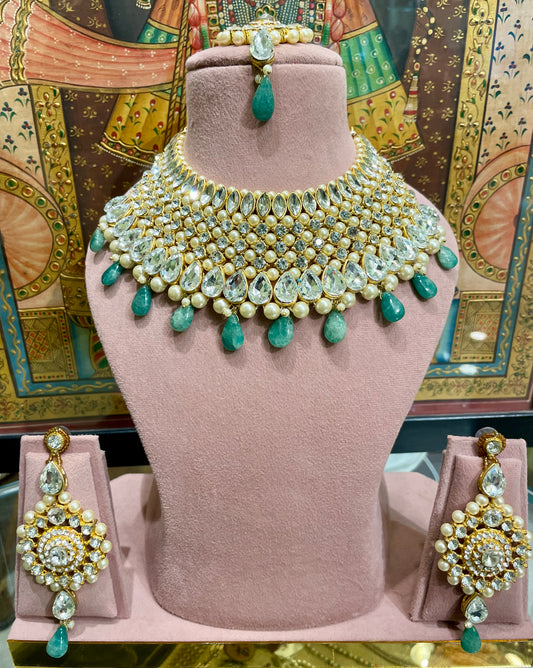 POLKI WITH GREEN DROPS BRIDAL NECKLACE SET