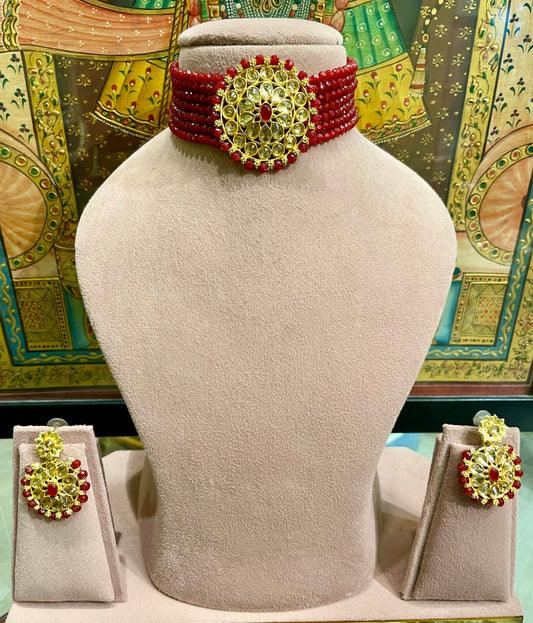 RED STONE ROUND CHOKER NECKLACE SET