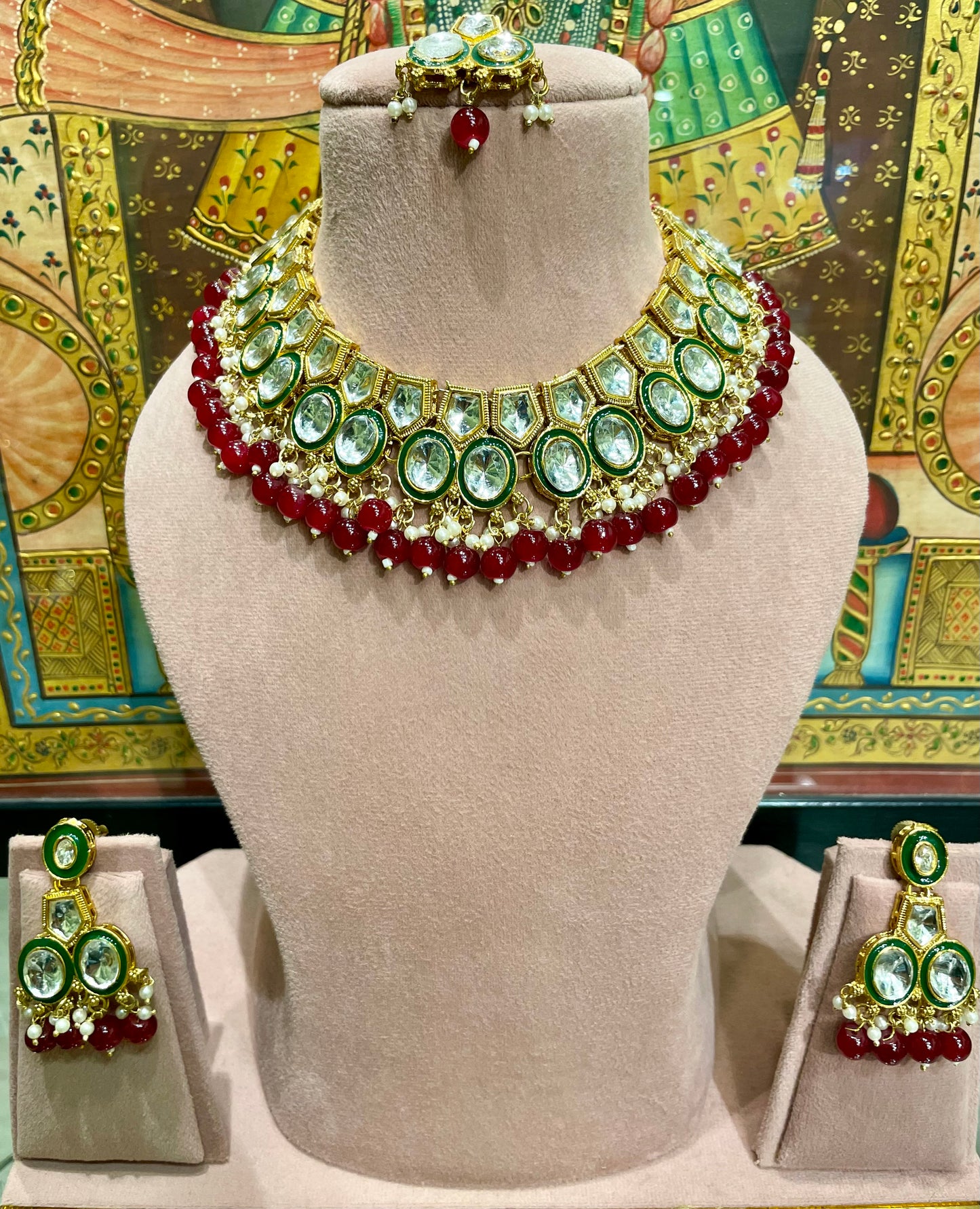 MAROON POLKI KUNDAN BRIDAL NECKLACE SET