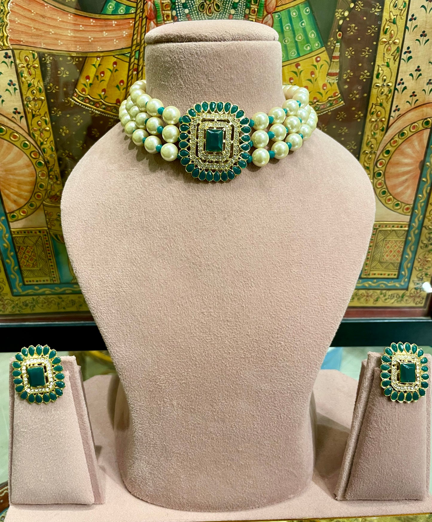 PEARL AD CHOKER NECKLACE SET (GREEN)