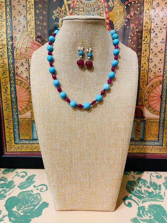 BLUE & PURPLE SEMI PRECIOUS STRING NECKLACE SET