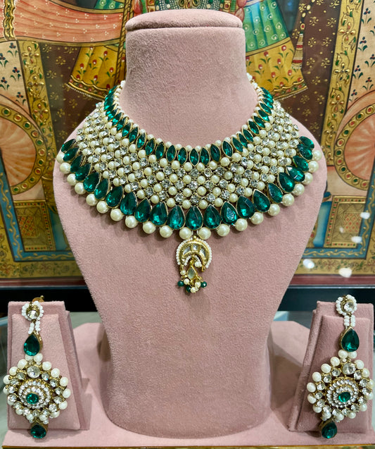 ZIRCON PEARL GREEN STONE BRIDAL NECKLACE SET