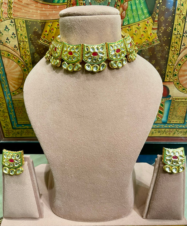MEENA KUNDAN TRADITIONAL SQUARE CHOKER SET (RED)