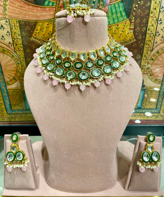 KUNDAN POLKI BRIDAL NECKLACE SET (PINK)