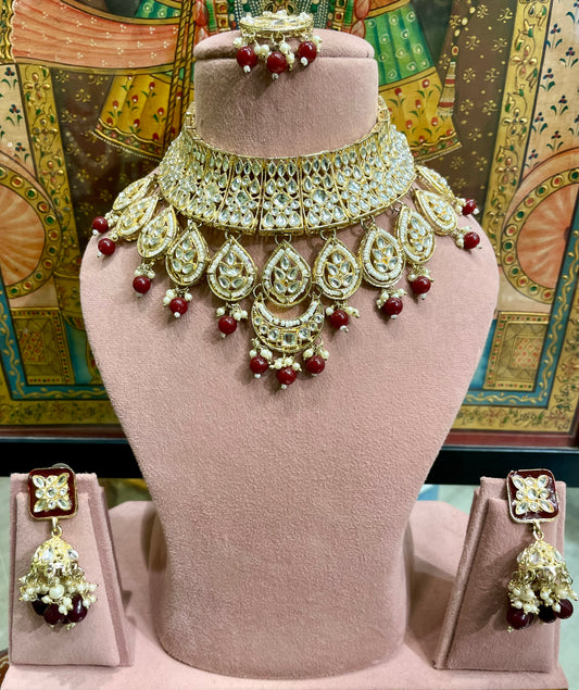 POLKI SILVER TONED BRIDAL NECKLACE SET (MAROON)