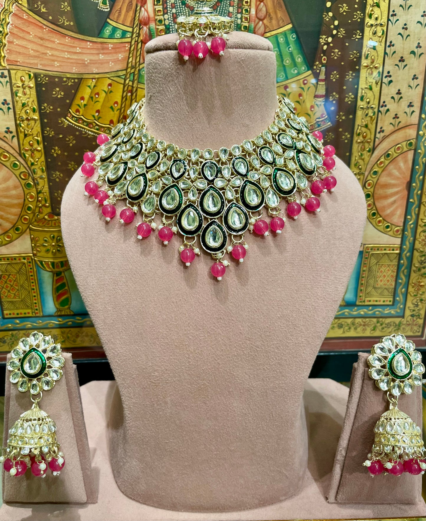 DARK PINK POLKI KUNDAN BRIDAL DESIGNER NECKLACE SET