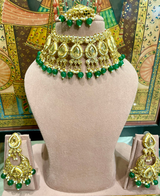 BRIDAL POLKI CHOKER NECKLACE SET (GREEN)