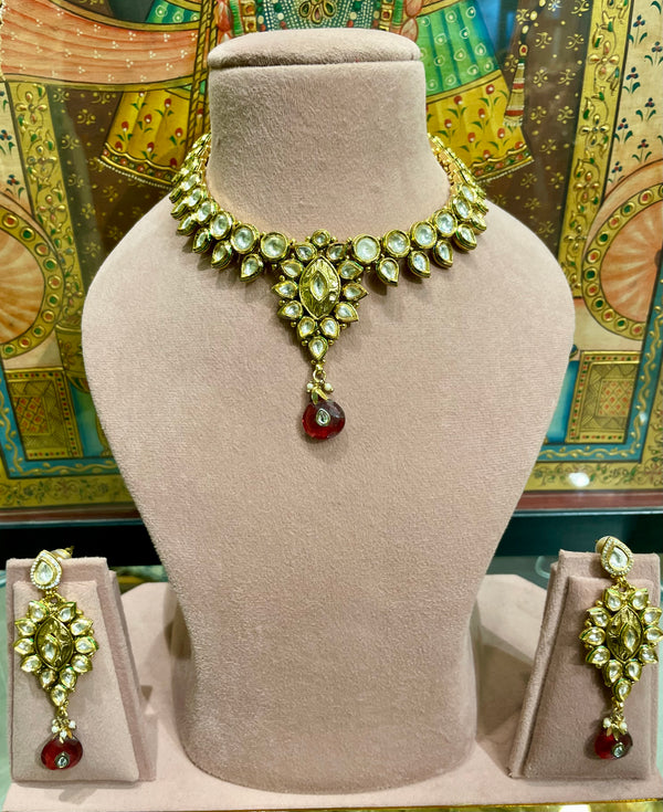 RUBY RED MEENA DROP GOLD PLATED KUNDAN NECKLACE SET