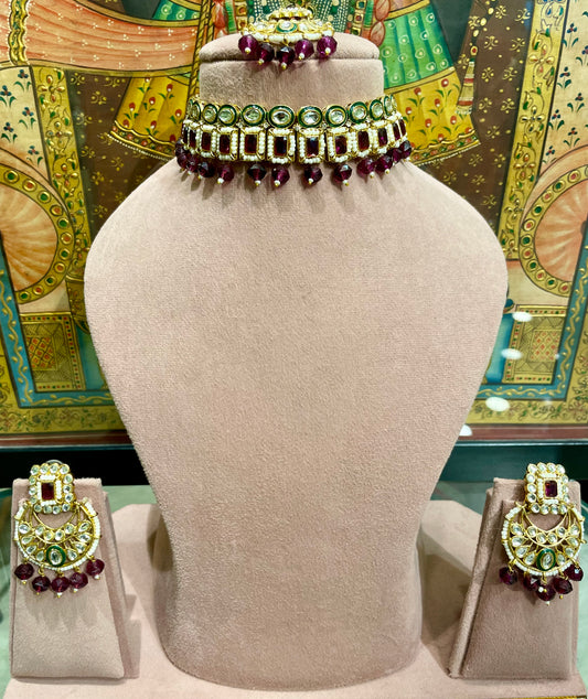 BURGUNDY MAROON KUNDAN CHOKER NECKLACE SET