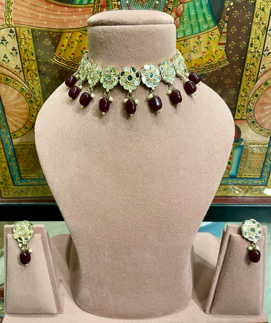 MIRROR JAIPURI CHOKER SET (MAROON)