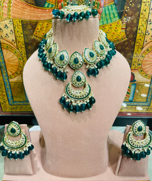 KUNDAN POLKI LONG PENDANT BRIDAL NECKLACE SET (GREEN)