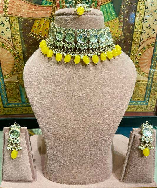 MIRROR JAIPURI CHOKER NECKLACE SET (YELLOW)