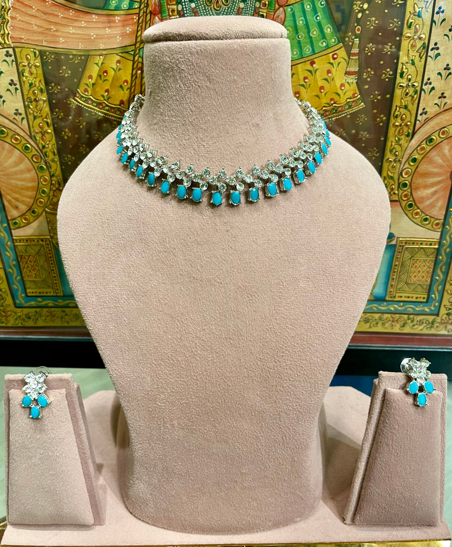 SKY BLUE STONE AMERICAN DIAMOND (AD) NECKLACE SET