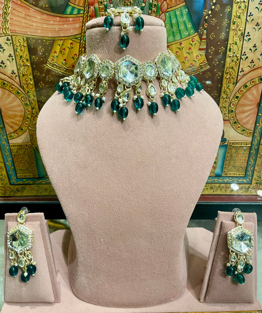 POLKI KUNDAN NECKLACE CHOKER SET (GREEN)