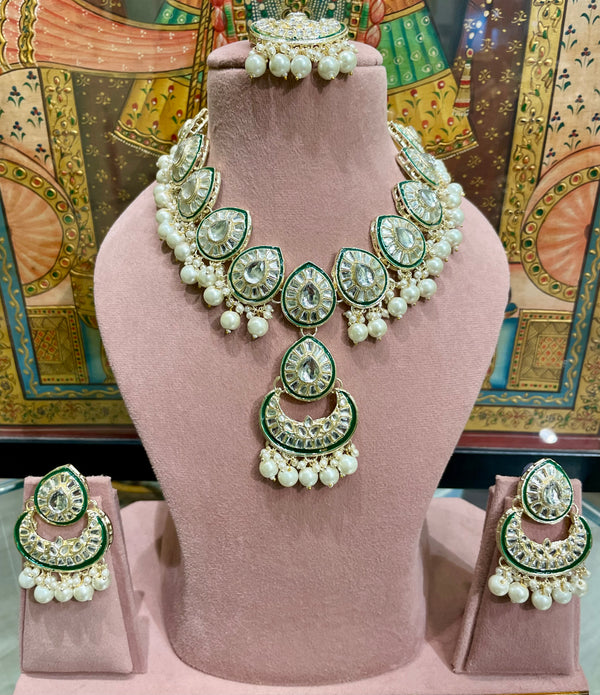 KUNDAN POLKI LONG PENDANT BRIDAL NECKLACE SET (IVORY WHITE)