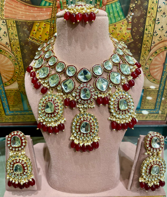 KUNDAN POLKI HEAVY DOUBLE LAYER PENDANT BRIDAL SET (MAROON)