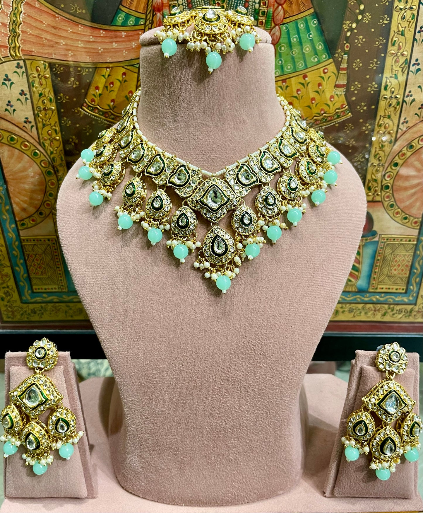 ROYAL KUNDAN BRIDAL NECKLACE SET (MINT GREEN)