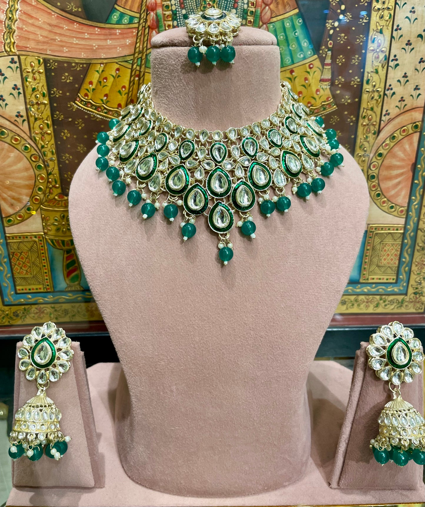 KUNDAN POLKI BRIDAL DESIGNER NECKLACE SET (GREEN)