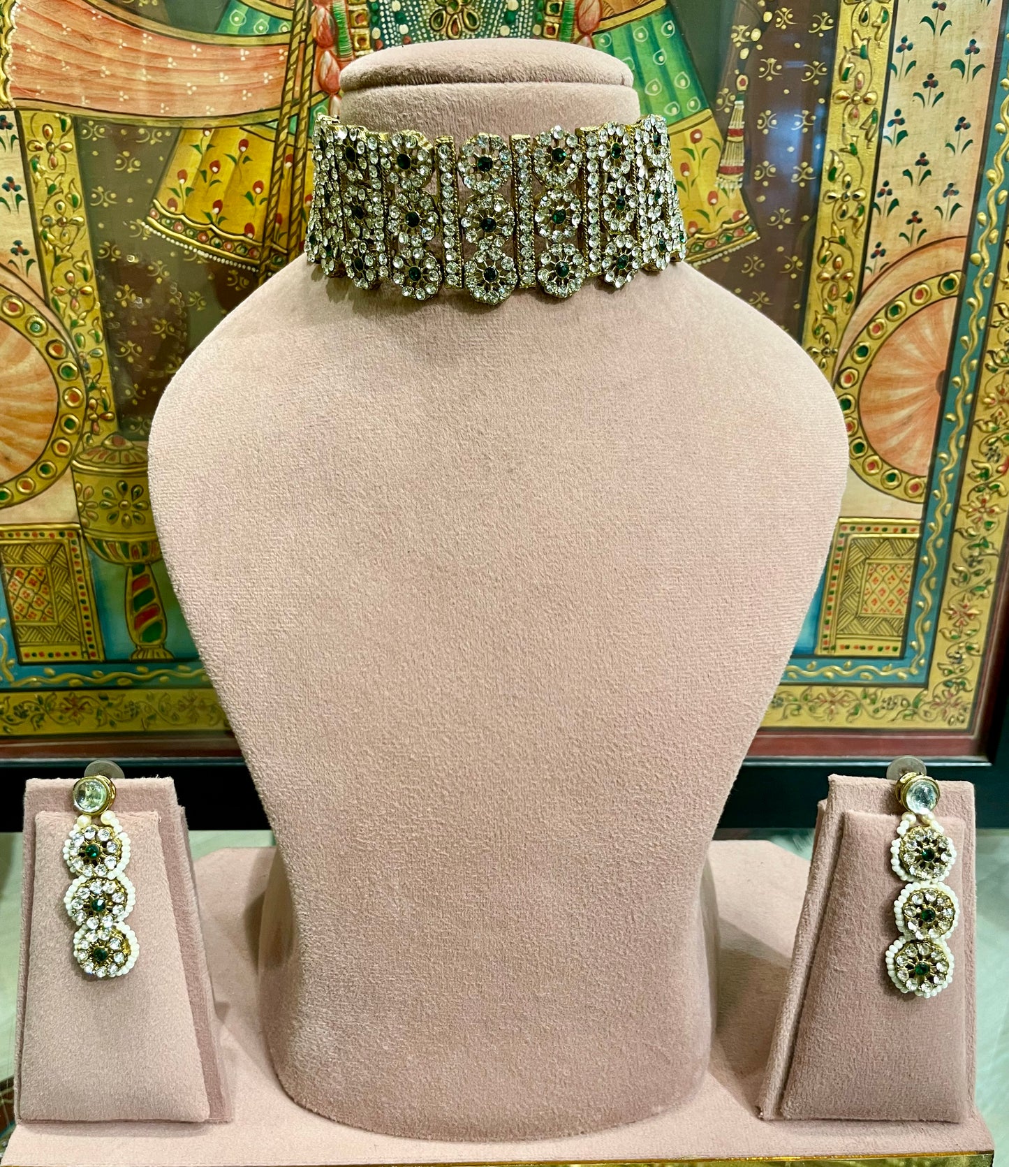 ZIRCON CHOKER NECKLACE SET (GREEN)