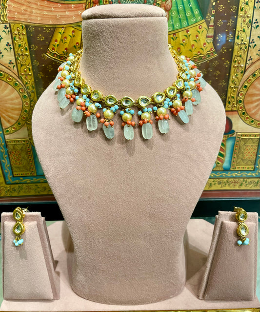 BLUE GREY STONE KUNDAN JAIPURI NECKLACE SET