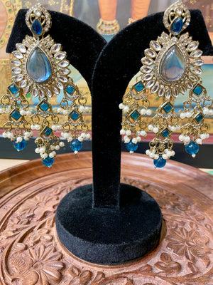 DARK BLUE MONALISA STONE KUNDAN MOISSANITE DANGLER EARRINGS