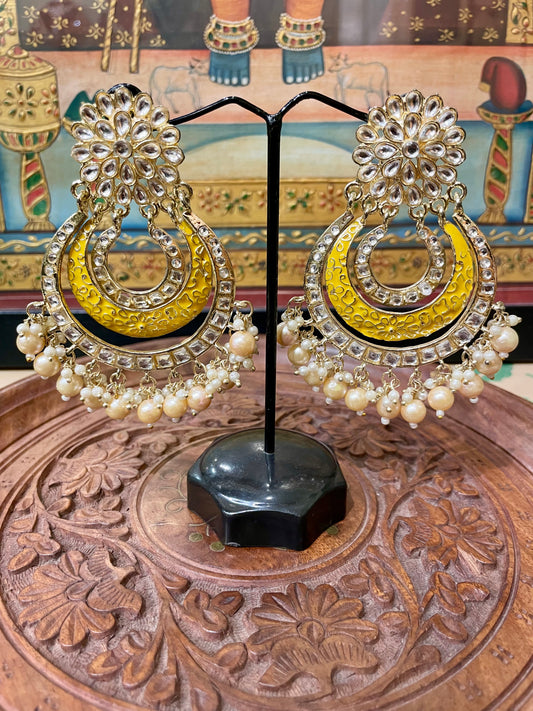 YELLOW CHANDBALI WITH IVORY PEARLS EARRINGS