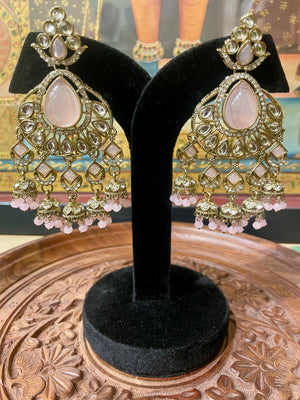 SOFT PINK KUNDAN MOISSANITE BRIDAL CHANDBALI JHUMKI EARRINGS