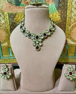 RUBY RED KUNDAN MOISSANITE MONALISA NECKLACE SET