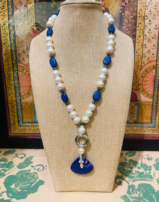 BLUE STONE DESIGNER PEARL STRING NECKLACE