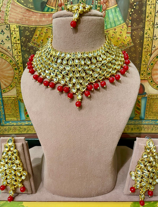 KUNDAN GOLD TONED JODHA BRIDAL NECKLACE SET (RED)