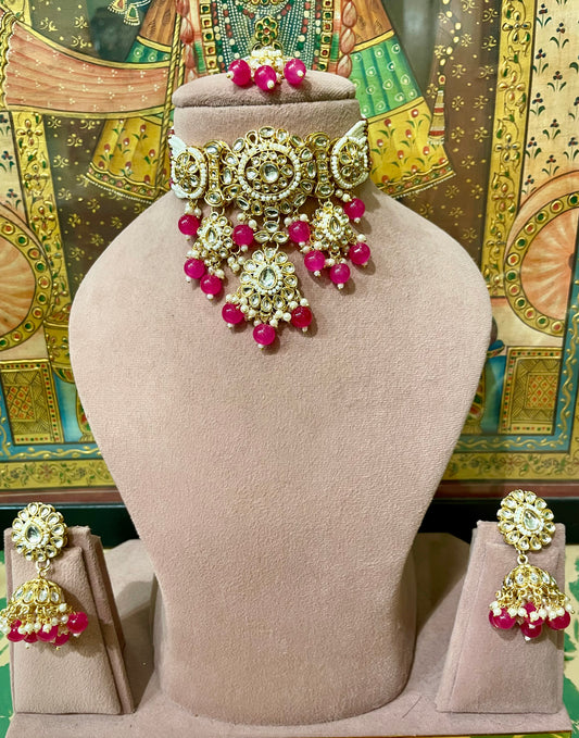 KUNDAN PEARL DARK PINK PEARL CHOKER NECKLACE SET