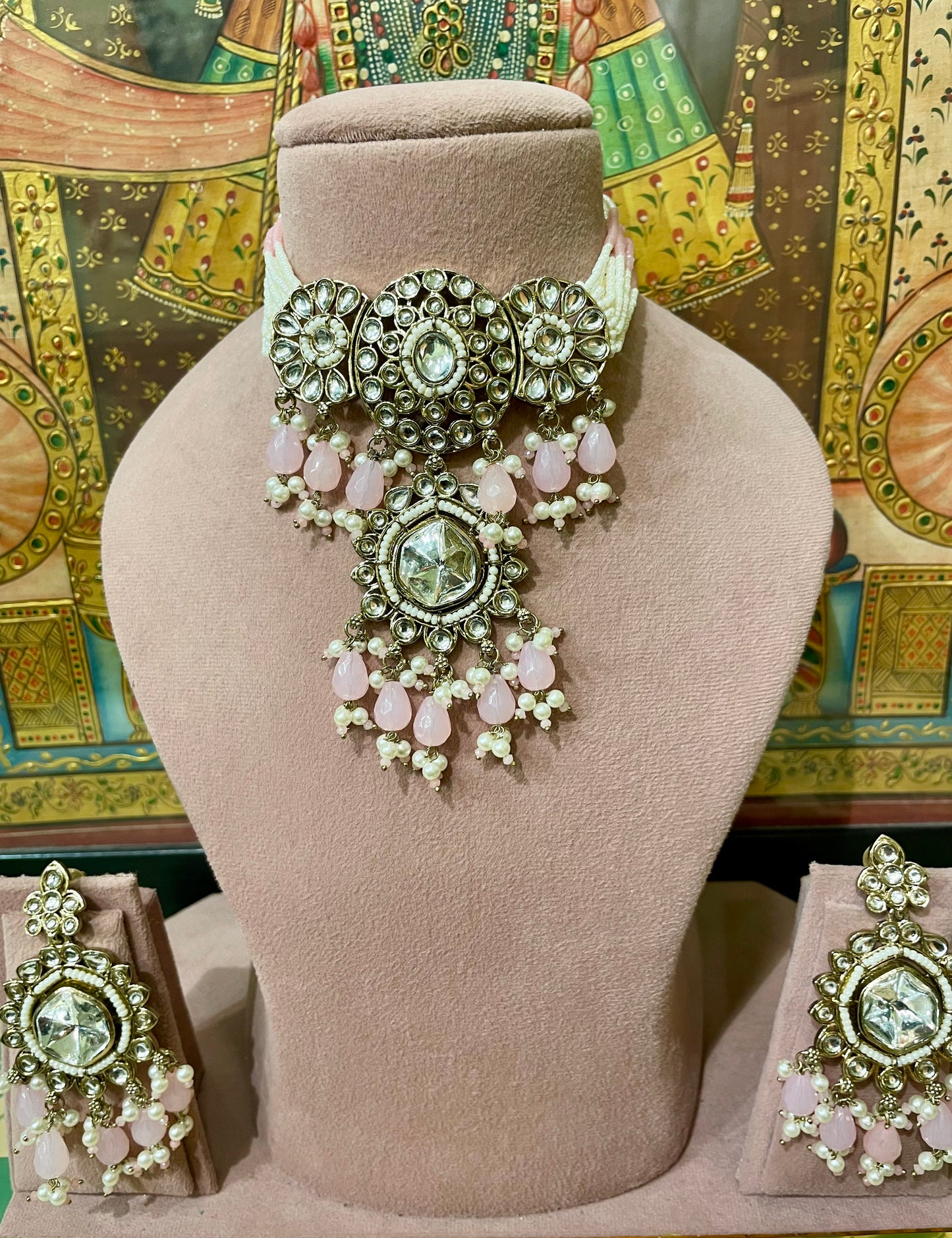 KUNDAN POLKI SOFT PINK PEARL CHOKER NECKLACE SET