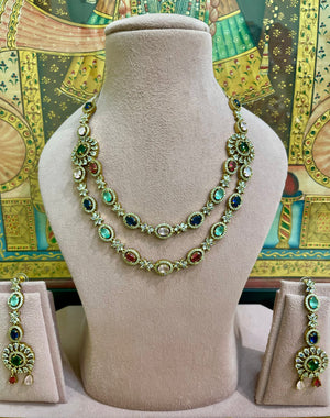 NAVRATNA PREMIUM MOISSANITE MULTI LAYERED GEMSTONE NECKLACE SET