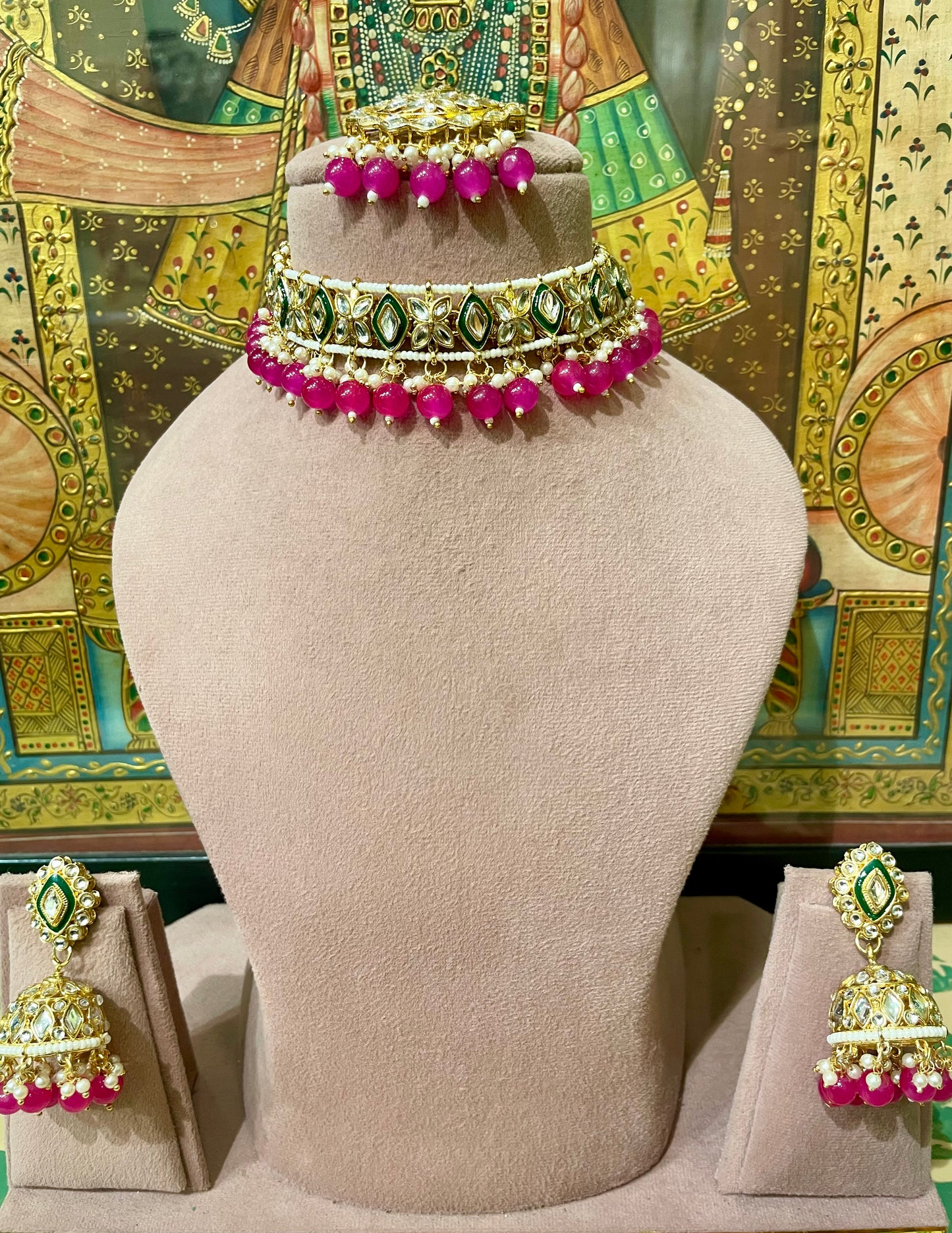 DARK PINK KUNDAN GOLD PLATED CHOKER NECKLACE SET