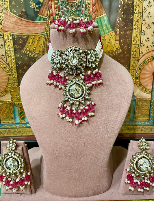 KUNDAN POLKI DARK PINK PEARL CHOKER NECKLACE SET