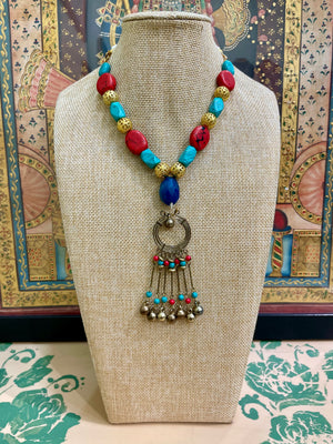 BOHEMIAN TURQUOISE & CRIMSON TASSEL NECKLACE