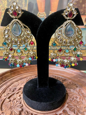 MULTI COLOUR KUNDAN MOISSANITE BRIDAL CHANDBALI JHUMKI EARRINGS